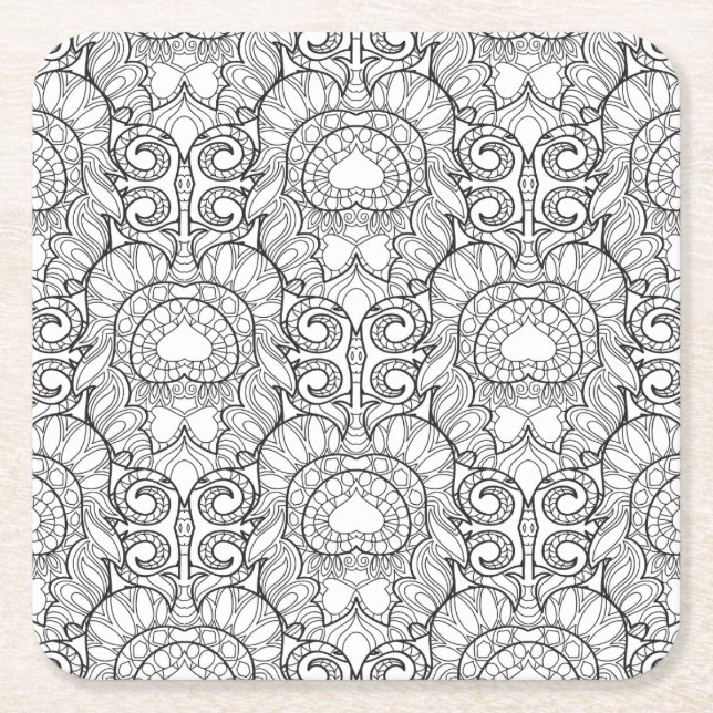 Peacock Feather Pattern Doodle Square Paper Coaster (Front)