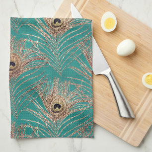 Peacock feather pattern glitter teal gold elegant tea towel