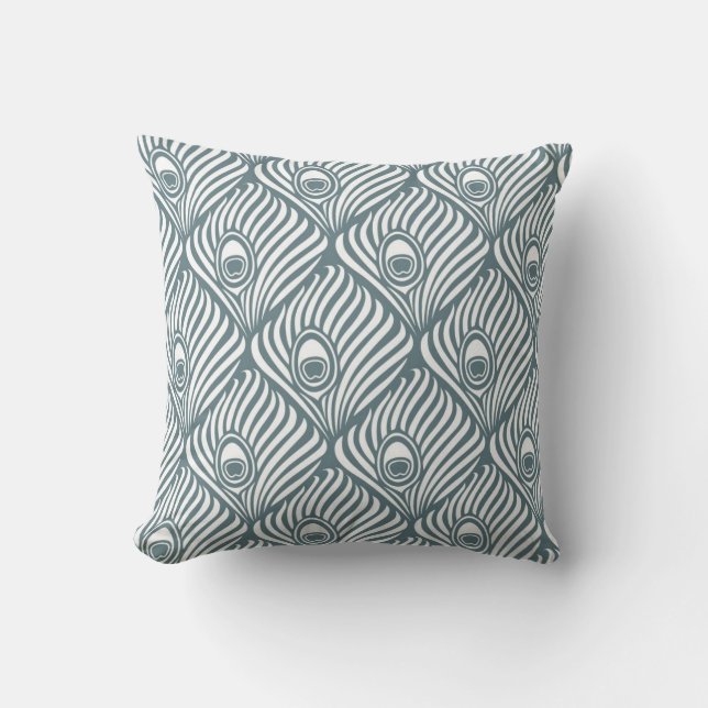 Peacock Feather Pattern in Blue Grey and White Cushion (Front)
