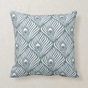 Peacock Feather Pattern in Blue Grey and White Cushion