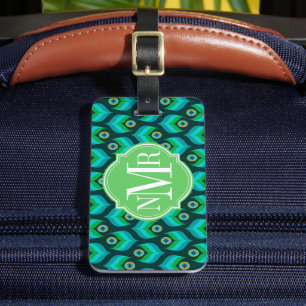 Peacock Feather Pattern Monogram Personalised Luggage Tag