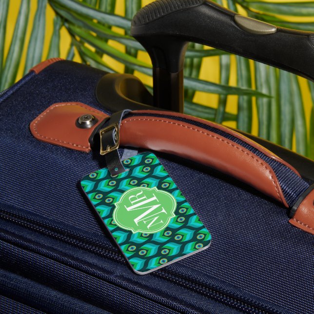Peacock Feather Pattern Monogram Personalised Luggage Tag (Front Insitu 1)