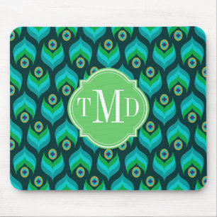 Peacock Feather Pattern Monogram Personalised Mouse Mat