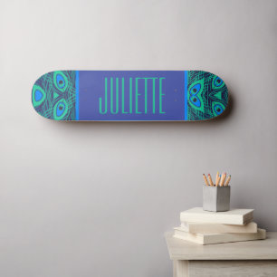 PEACOCK FEATHER PATTERN TEAL GREEN BLUE WITH NAME SKATEBOARD