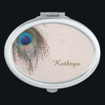 Peacock Feather Personalised Travel Mirror<br><div class="desc">On the front of this compact mirror, a pretty blue, tan, and green peacock feather swirls around the top left corner, and your custom text is in brown at the bottom right. The images and text are placed on a distressed light grey tan background which complements the colours in the...</div>