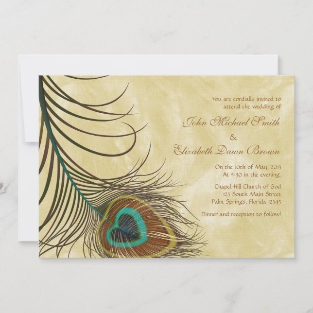 Peacock Feather Personalised Wedding Invitation (Front)