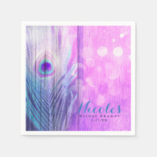 Peacock Feather Pink & Blue Boho Chic Custom Party Napkin