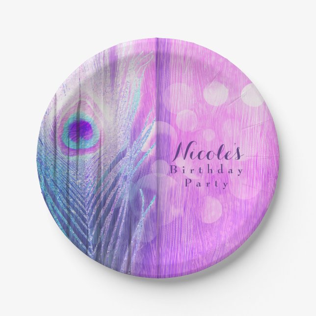 Peacock Feather Pink & Blue Boho Chic Custom Party Paper Plate (Front)