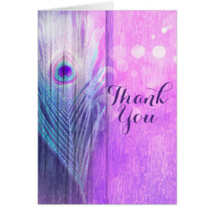 Peacock Feather Pink & Blue Boho Chic Thank You