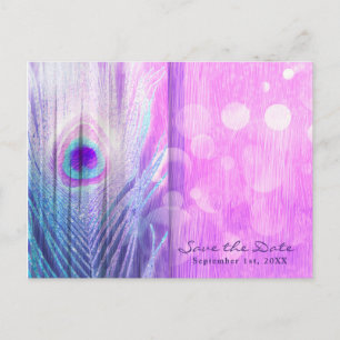Peacock Feather Pink & Blue Boho Save the Date Announcement Postcard