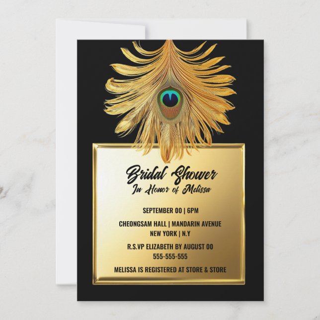 Peacock feather plume black gold bridal shower invitation (Front)