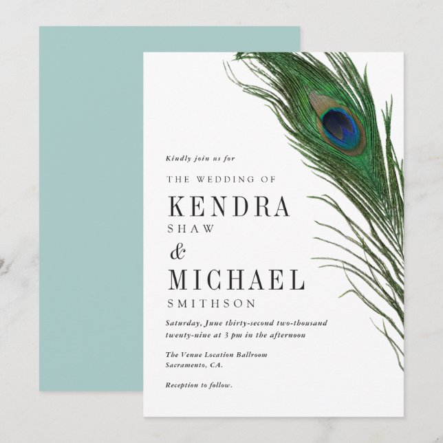 Peacock Feather Poise Green Back Wedding Invite (Front/Back)