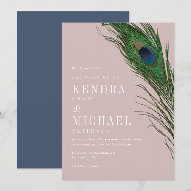 Peacock Feather Poise Peach Theme Wedding Invite (Front/Back)