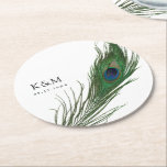 Peacock Feather Poise | Wedding Event Round Paper Coaster<br><div class="desc">A set of unique wedding coasters for your elegant wedding event. It features an image of an elegant peacock feather towards the side.  On the opposite side of this are your bride and groom's initials and wedding or event date.</div>