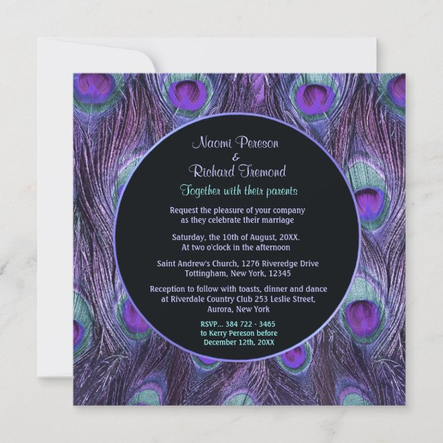 Peacock Feather Purple Drama Wedding Invitation (Front)