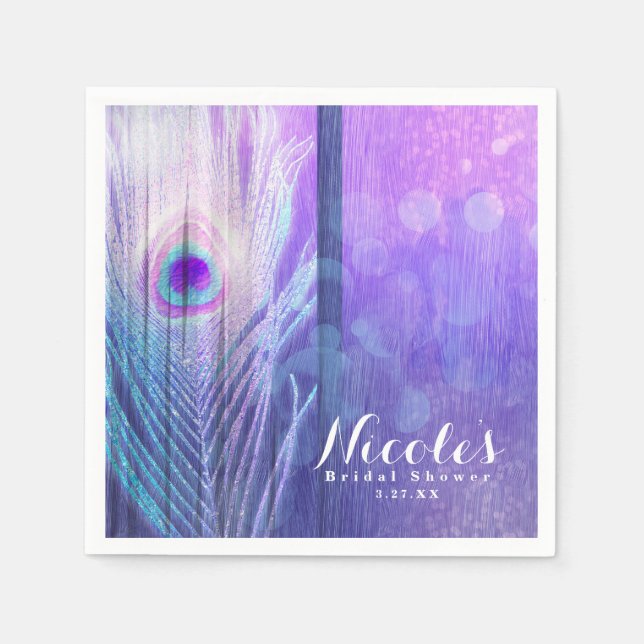 Peacock Feather Purple Glam Boho Chic Custom Party Napkin (Front)