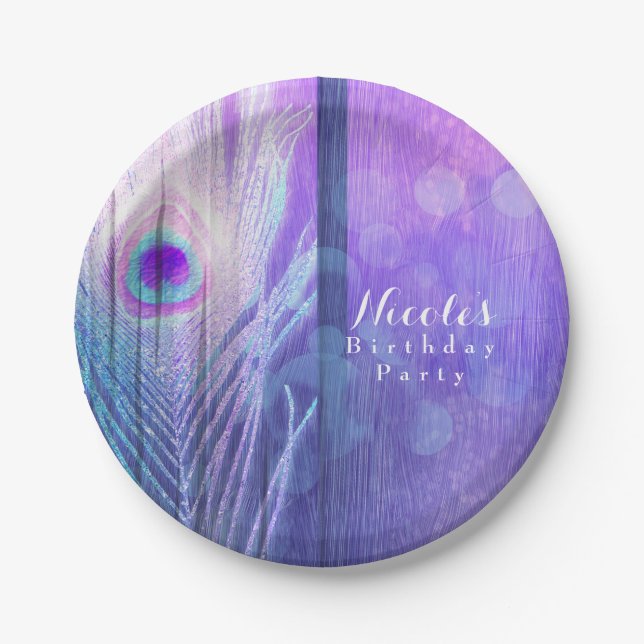 Peacock Feather Purple Glam Boho Chic Custom Party Paper Plate (Front)