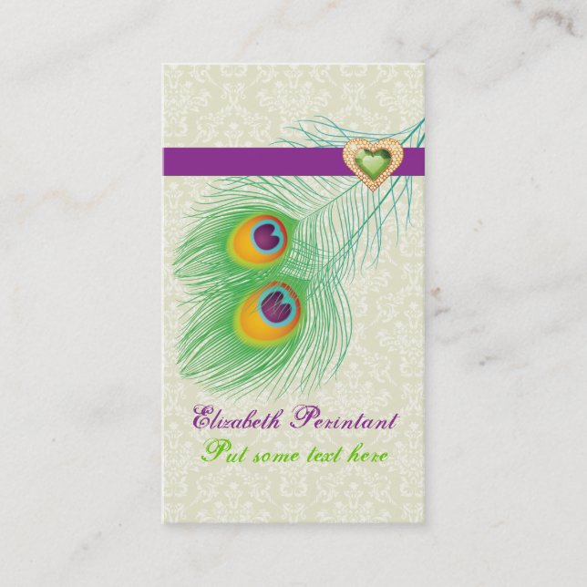 Peacock feather purple green eye catching business card (Front)
