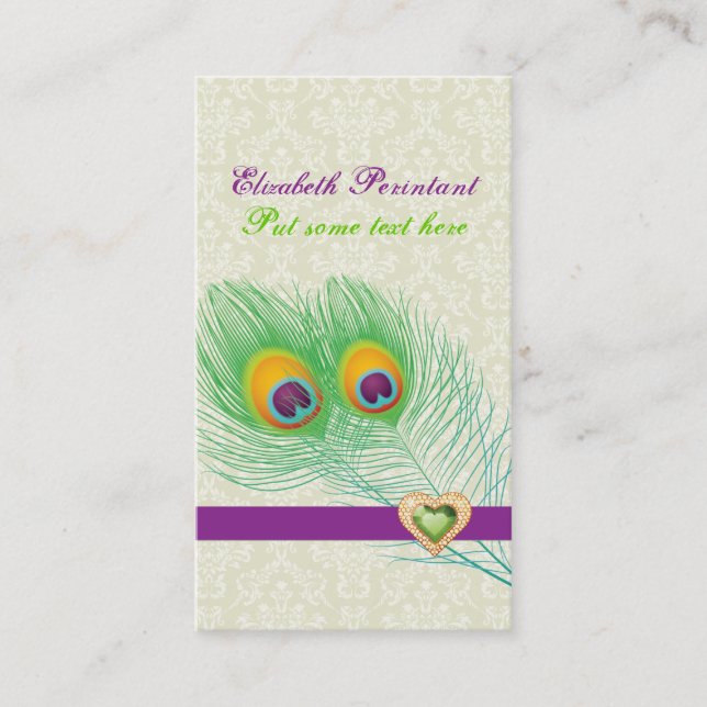 Peacock feather purple green eye catching business card (Front)