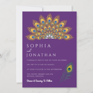 Peacock Feather Purple Wedding Modern Chic Invitation
