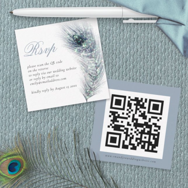 Peacock Feather QR Code Wedding RSVP Enclosure Card (Creator Uploaded)