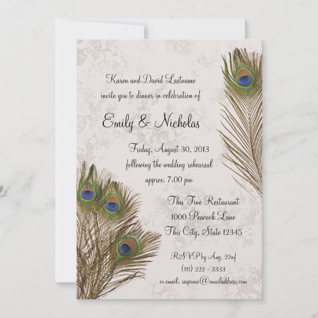 Peacock Feather Rehearsal Dinner Invitation (Front)