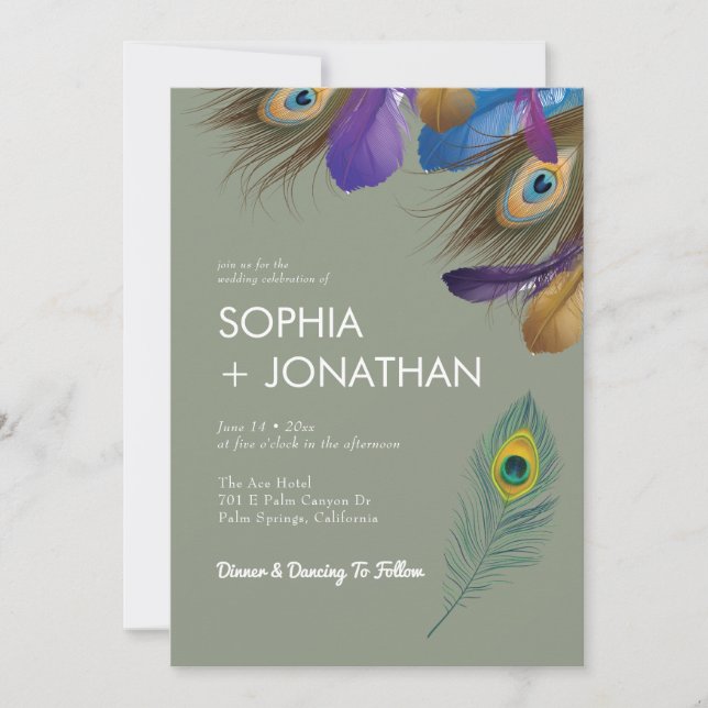 Peacock Feather Sage Green Wedding Modern Chic Invitation (Front)