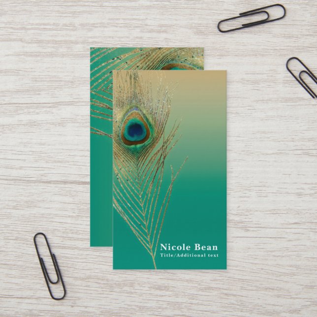 Peacock Feather Sand and Teal Boho Glam Elegant Business Card (Front/Back In Situ)