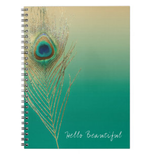Peacock Feather Sand and Teal Boho Glam Elegant Notebook