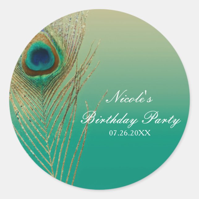 Peacock Feather Sand and Teal Boho Party Favour Classic Round Sticker (Front)