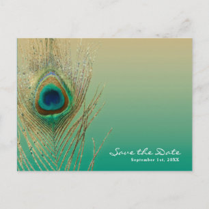 Peacock Feather Sand and Teal Boho Save the Date Announcement Postcard