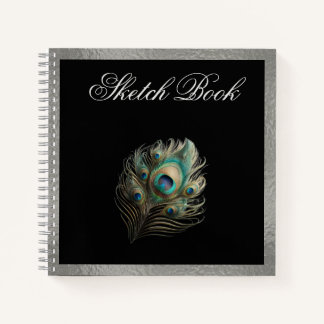 Peacock Feather, Silver Border Hard Cover Sketch Notebook