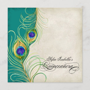 Peacock Feather Teal Blue Damask Quinceanera Party Invitation
