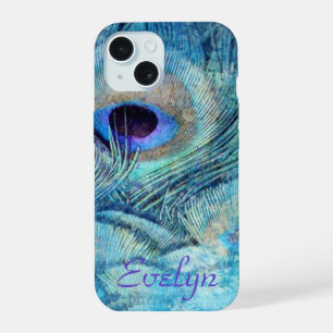 Peacock feather teal blue purple marble elegant iPhone 15 case