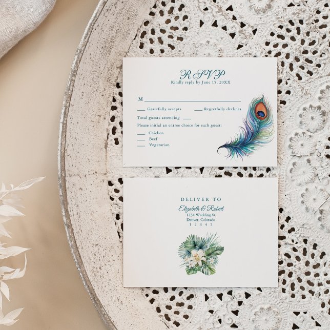 Peacock Feather Tropical Flowers Wedding RSVP Card (Peacock Feather Tropical Flowers Wedding RSVP Card on a neutral boho plate.)