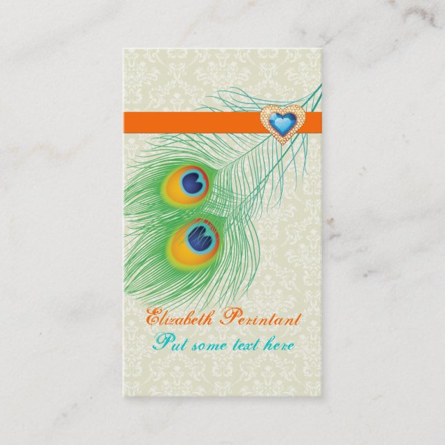 Peacock feather turquoise orange eye catching business card (Front)