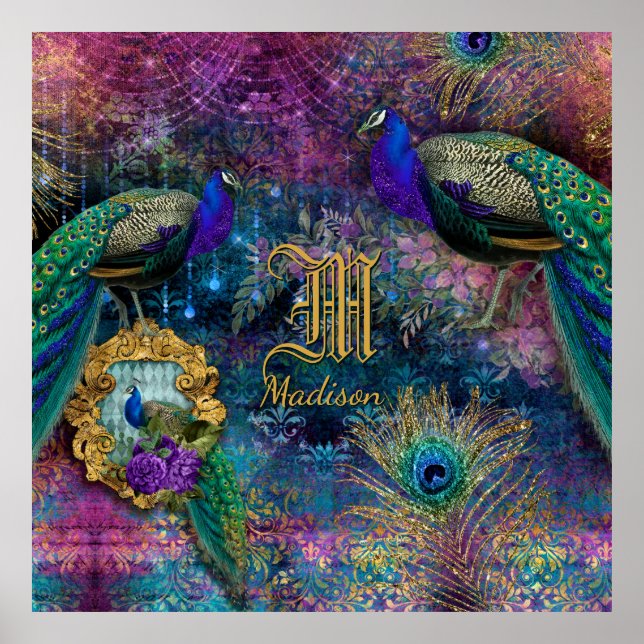 Peacock Feather Vintage Glitter Monogram Name Poster (Front)