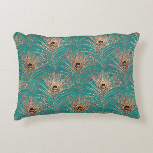 Peacock feather vintage pattern teal gold elegant decorative cushion