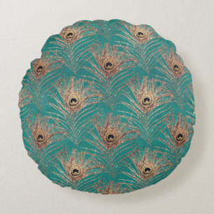 Peacock feather vintage pattern teal gold elegant round cushion