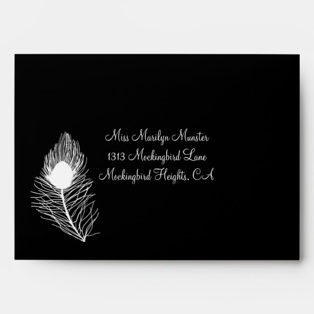 Peacock Feather Wedding Envelope - Black (Front)