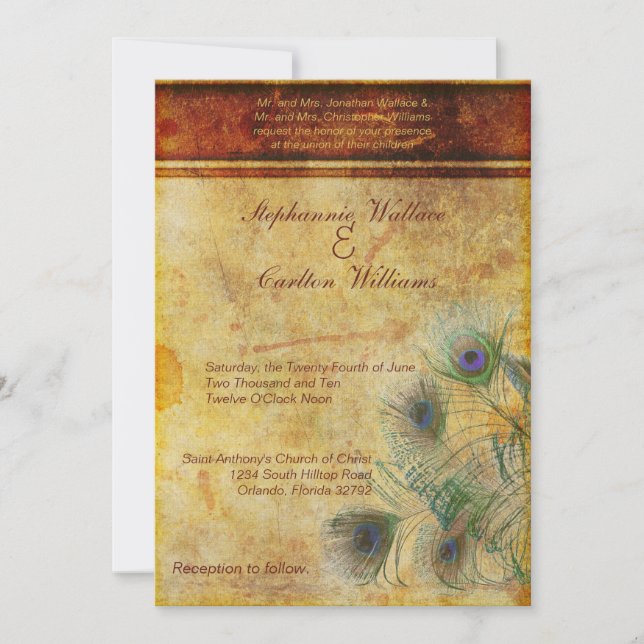 Peacock Feather Wedding Invitation (Front)