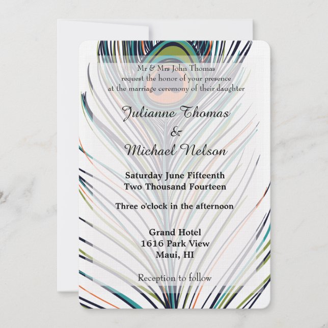 Peacock Feather Wedding Invitation (Front)