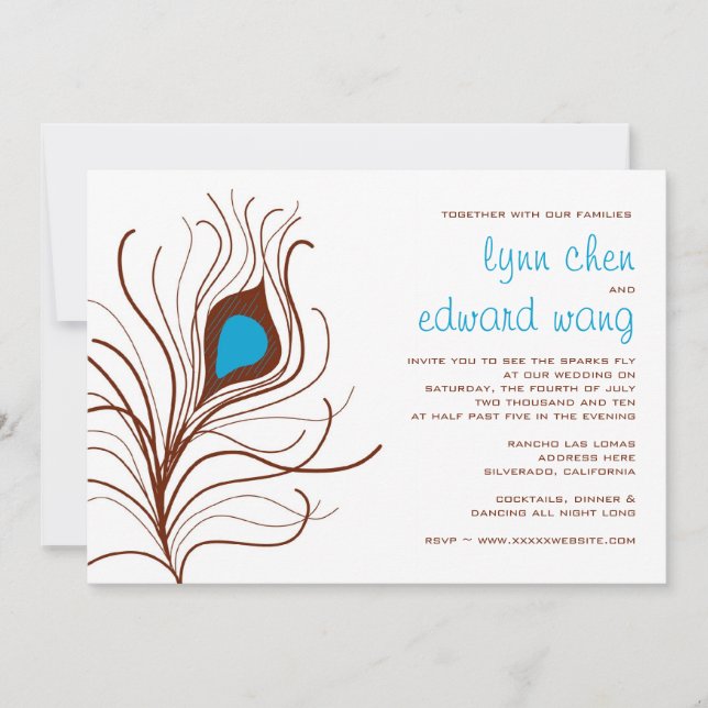 Peacock Feather Wedding invite, Brown Invitation (Front)