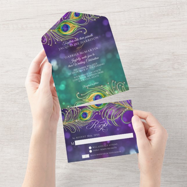 Peacock Feather Wedding Jewelled Feathers Bokeh All In One Invitation (Tearaway)