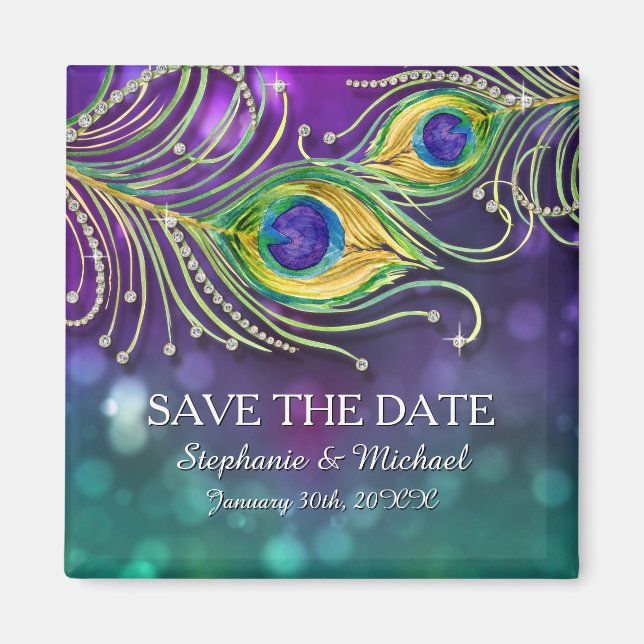 Peacock Feather Wedding Jewelled Save the Date Magnet (Front)
