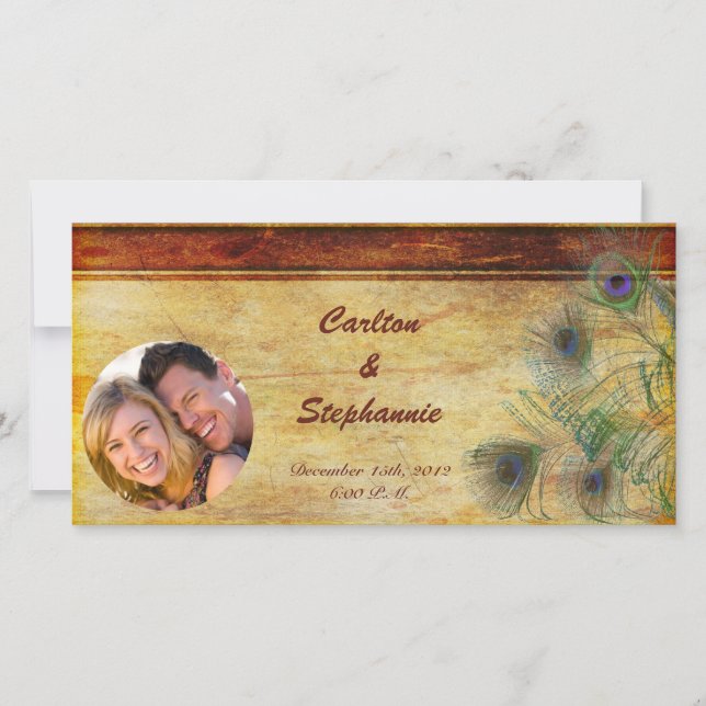 Peacock Feather Wedding Photo Announcement (Front)