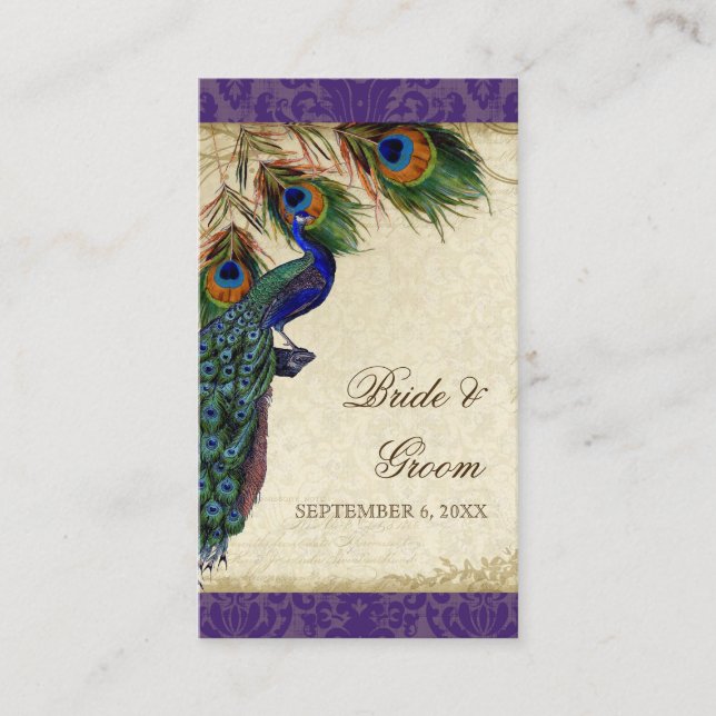 Peacock & Feather Wedding Table Seating Escort Place Card (Front)