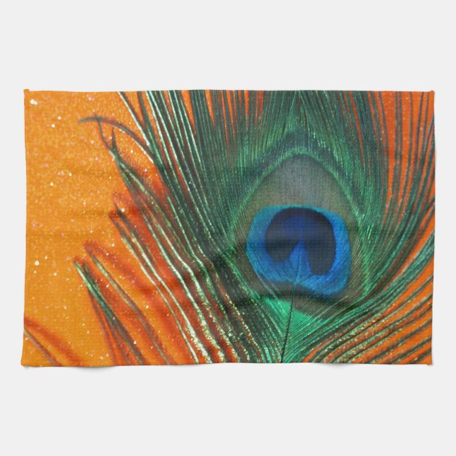 Peacock feather with Orange Glitter Still Life Tea Towel (Horizontal)