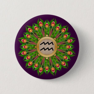 Peacock Feather Wreath Zodiac Sign Aquarius 6 Cm Round Badge