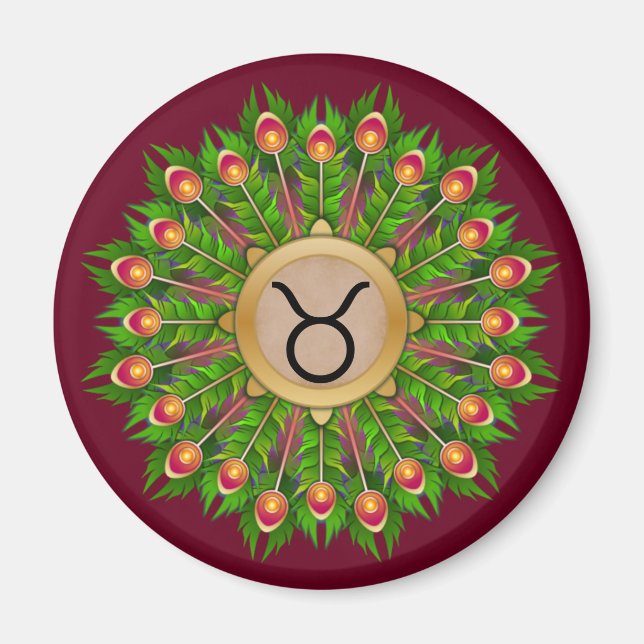 Peacock Feather Wreath Zodiac Sign Taurus Magnet (Front)